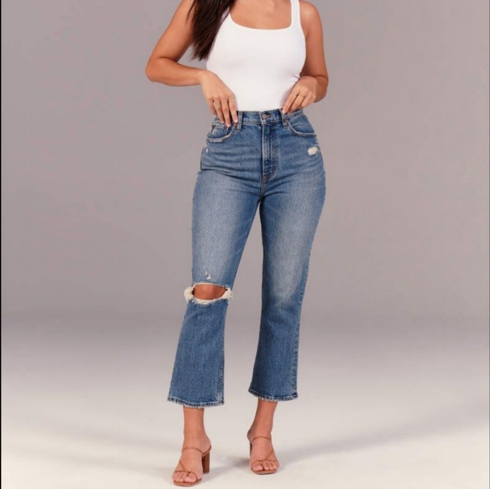 Abercrombie and Fitch Ultra High Rise Kick Flare Distressed Denim Jeans Blue 24S